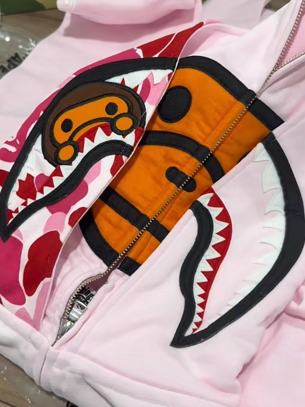 Bape Pink Shark Hoodie with Orange & Black Graphic